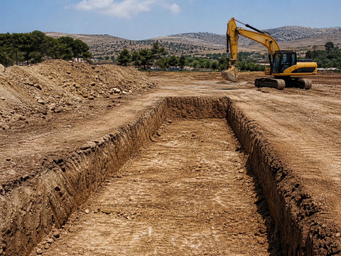 חפירות ועבודות עפר באתר שטח עם תעלות וקרקע מוכנה